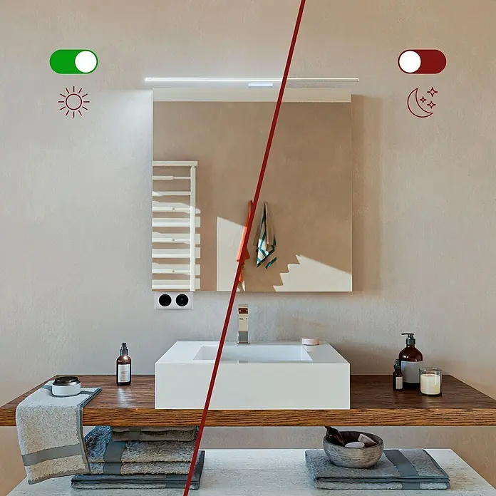 kalb LED Spiegelschrankleuchte Eloria 80cm 4000K Chrom -  - Badezimmerspiegel mit integrierter LED-Beleuchtung zeigt Tag- (an) und Nachtmodus (aus). Über einem Waschbecken.