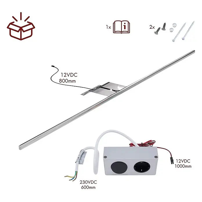 kalb LED Spiegelschrankleuchte Eloria 80cm 4000K Chrom -  - Silberne lineare LED-Lichtleiste mit externem Netzteil, inklusive Montagematerial und Anleitung.