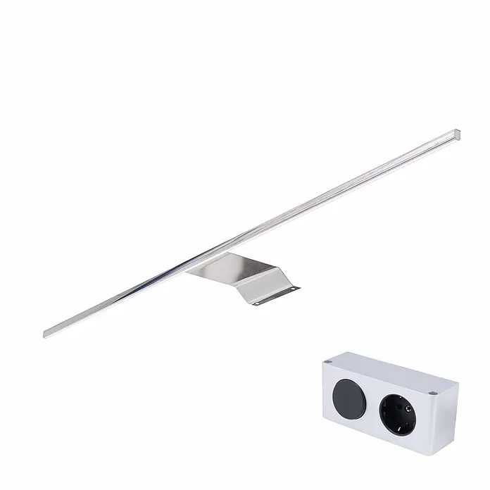 kalb LED Spiegelschrankleuchte Eloria 80cm 4000K Chrom -  - Silberne LED-Unterbauleuchte mit Halterung und separates silbernes Steckdosenmodul mit schwarzen USB- und Stromanschlüssen.