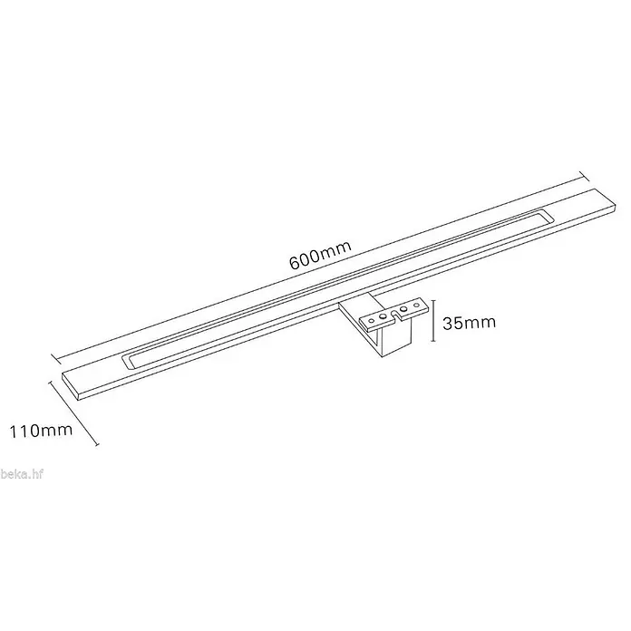 kalb LED Spiegelleuchte 60cm 3000K Silbergrau 3in1 Montage -  - Technische Zeichnung eines linearen Duschablaufs, 600mm lang und 110mm breit, mit einer 35mm Halterung.