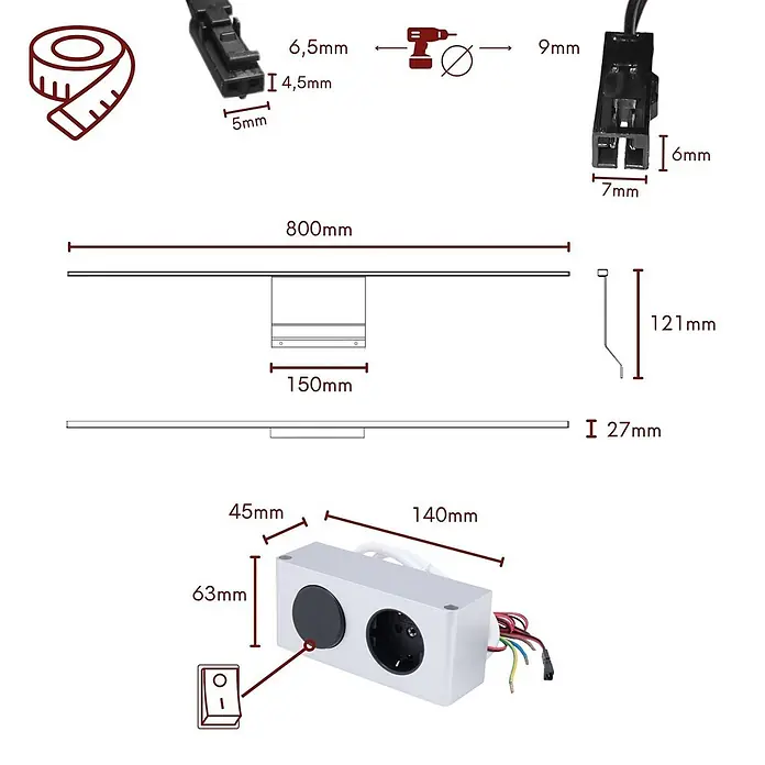 kalb LED Spiegelschrankleuchte Eloria 80cm 4000K Chrom -  - Technisches Diagramm einer 800mm langen Lichtleiste und einer silbernen Steckdosenleiste (140x63x45mm) mit Schalter und Steckdose, inklusive Maße.