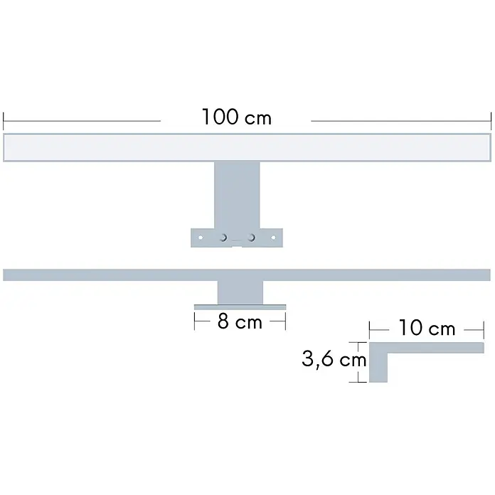 kalb Material für Möbel LED-Spiegelleuchte Feuchtraum/Badezimmer - 15 W, L x B x H: 100 x 10 x 3,6 cm, Silbergrau - Modulare hellgraue Regalbauteile mit Maßen, darunter eine 100 cm Leiste und verschiedene Halterungen.