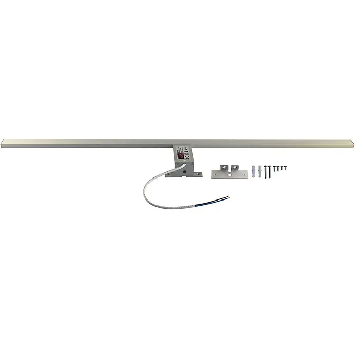 kalb Material für Möbel LED-Spiegelleuchte Feuchtraum/Badezimmer - 15 W, L x B x H: 100 x 10 x 3,6 cm, Silbergrau - Silberne LED-Lichtleiste mit integriertem Netzteil, Montagehalterungen, Schrauben und Dübeln zur Installation.
