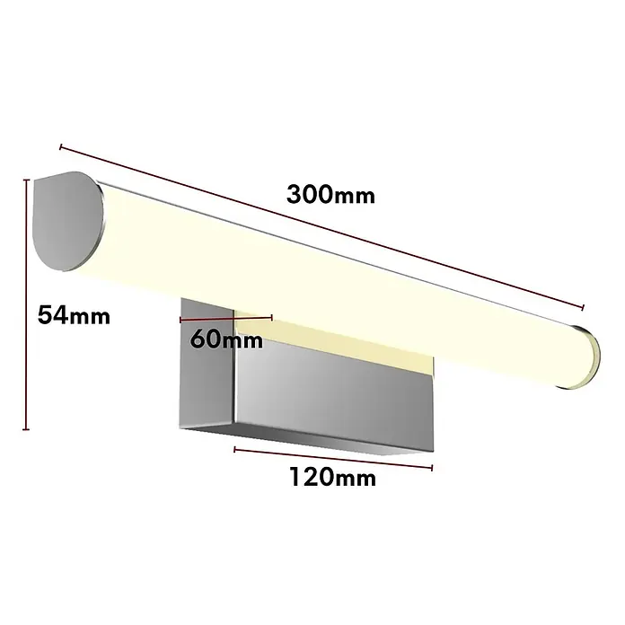kalb LED Spiegelleuchte 30cm 3000K Chrom Rund -  - Moderne Chrom-Wandleuchte, 300mm lang, mit weißem Diffusorstab und rechteckiger Basis. Maße: 300x54x120mm.