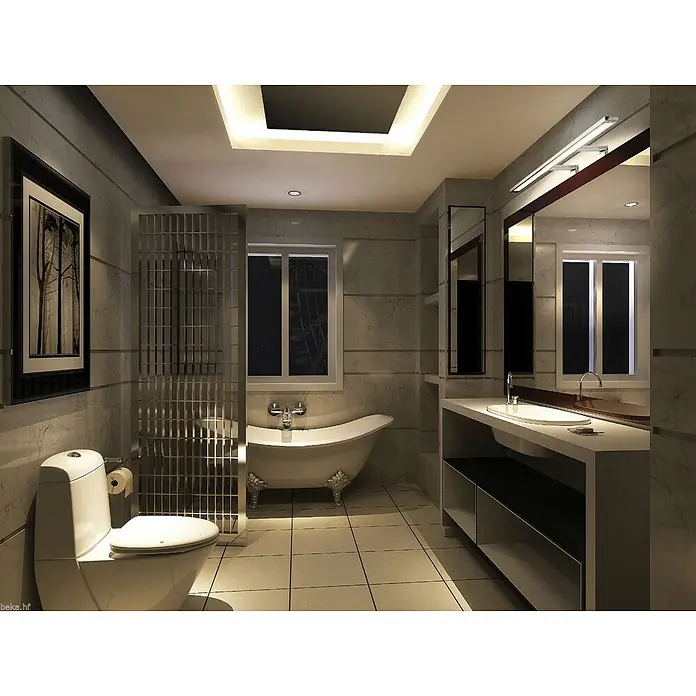 kalb LED Spiegelleuchte 74cm 3000K Silbergrau 3in1 Montage -  - Modernes Badezimmer mit Marmorwänden, freistehender Badewanne, Toilette und Waschtisch mit ovalem Waschbecken.