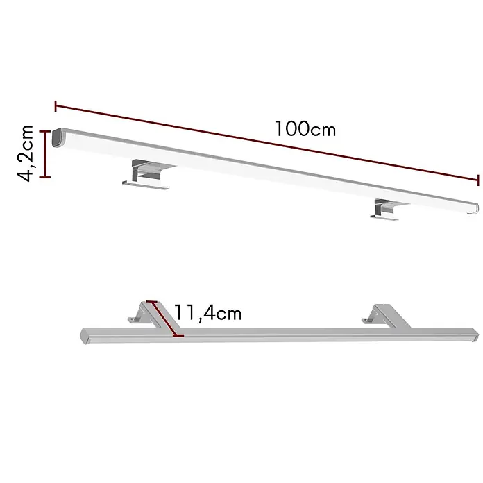 kalb LED Spiegelleuchte Lumenia 100cm 3000K Chrom 2in1 Montage -  - Silberne LED-Lichtschiene mit zwei Halterungen, 100cm lang, 4,2cm hoch, 11,4cm Ausladung.