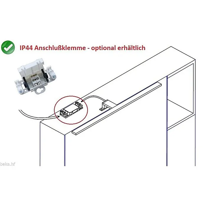 kalb LED Spiegelleuchte 74cm 4000K Schwarz 3in1 Montage -  - Weiße IP44 Anschlussklemme, die eine Lichtleiste an einem Schrank verbindet. Optionales Zubehör zur sicheren Verkabelung.