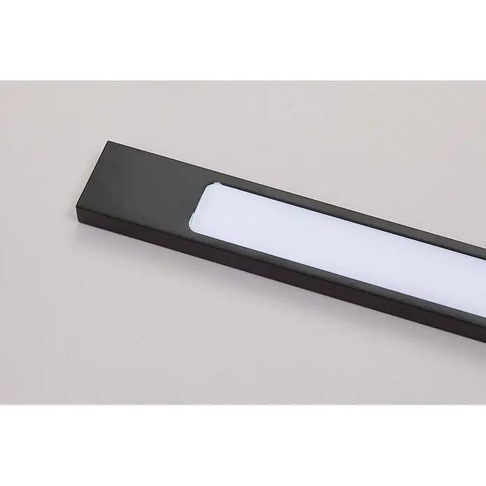 kalb Material für Möbel LED-Spiegelleuchte Innen - 12 W, L x B x H: 60 x 3,5 x 11 cm, Schwarz matt - Schwarze lineare LED-Leuchte mit weißem Lichtpanel.