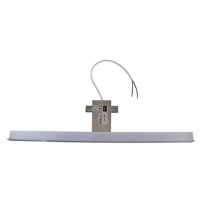 kalb LED Spiegelleuchte Sandro 41cm 3000K Chrom 3in1 Montage -  - Lineare LED-Leuchte mit gebürstetem Metallgehäuse, weißem Diffusor und offenliegenden Anschlussdrähten.