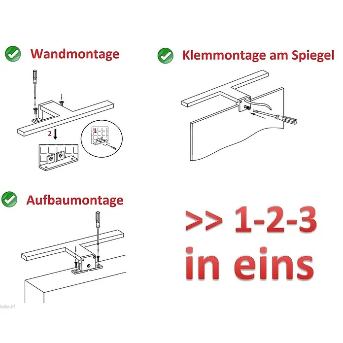 kalb LED Spiegelleuchte 74cm 4000K Silbergrau 3in1 Montage -  - Montageanleitung für Halterungen: Wand-, Klemm- oder Aufbaumontage. Drei einfache Schritte in einem System.