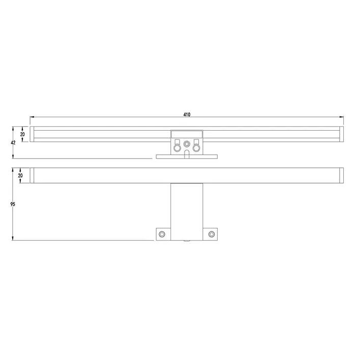 kalb LED Spiegelleuchte Sandro 41cm 3000K Chrom 3in1 Montage -  - Technische Zeichnung einer linearen Leuchte mit zentraler Montagehalterung, mit Gesamtmaßen.