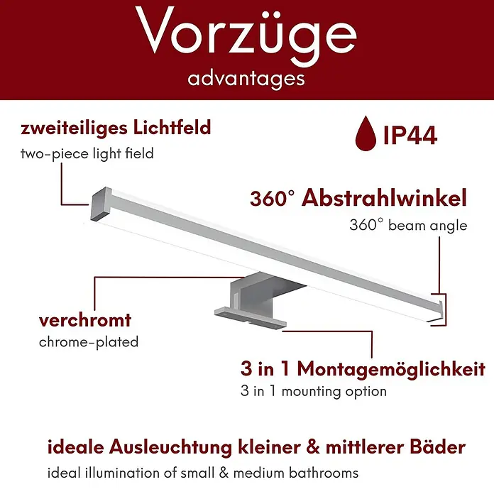 kalb LED Spiegelleuchte Sandro 41cm 3000K Chrom 3in1 Montage -  - Verchromte Leuchte mit zweiteiligem Lichtfeld, ideal für die Badezimmerbeleuchtung, IP44-zertifiziert.