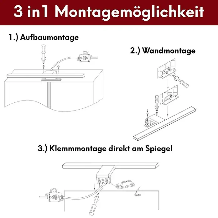 kalb Material für Möbel LED-Spiegelleuchte Innen - 12 W, L x B x H: 60 x 3,5 x 11 cm, Schwarz matt - Schema mit drei Montagemöglichkeiten für eine rechteckige Leuchte: Aufbau-, Wand- und Klemmmontage für Spiegel bis 6mm Dicke.