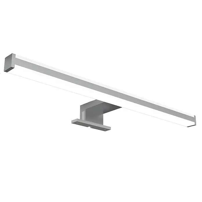 kalb LED Spiegelleuchte Sandro 41cm 3000K Chrom 3in1 Montage -  - Silberne lineare LED-Leuchte mit rechteckiger Lichtleiste und mittiger Halterung, für Wand- oder Spiegelbeleuchtung.