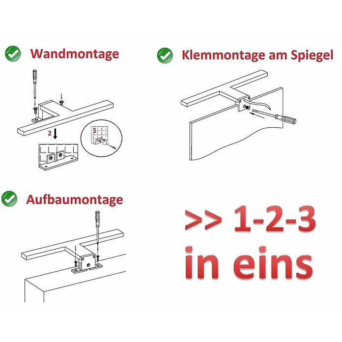 kalb LED Spiegelleuchte 74cm 3000K Silbergrau 3in1 Montage -  - Diagramme zeigen drei vielseitige Montagemöglichkeiten für ein Halterungssystem: Wand, Klemmung am Spiegel und Aufbau.