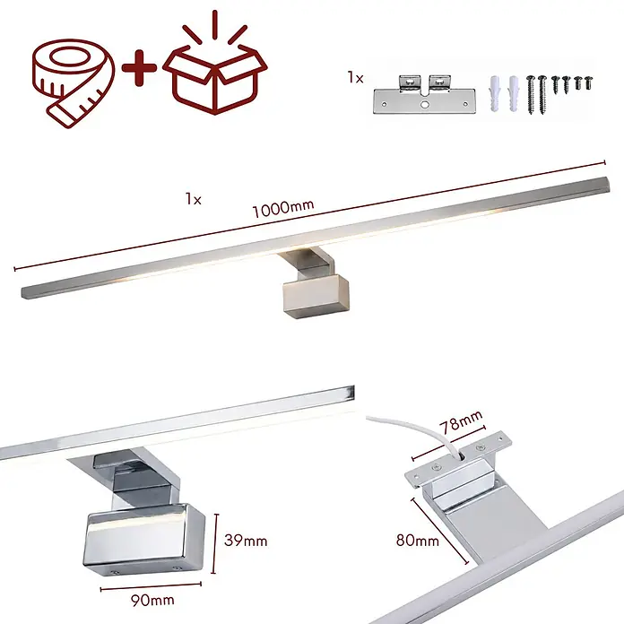 kalb LED Spiegelleuchte Running Light 100cm 3000K Chrom Lichtlauf -  - 1000 mm lange LED-Spiegelleuchte aus Chrom mit Montagezubehör.