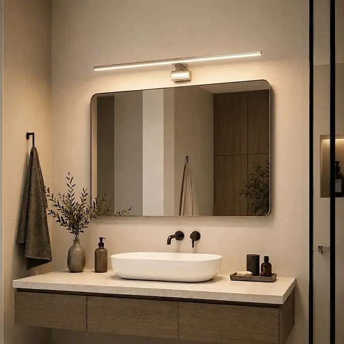 kalb LED Spiegelleuchte Running Light 100cm 3000K Chrom Lichtlauf -  - Eine elegante, lineare LED-Spiegelleuchte in Silberoptik, die einen modernen Waschtisch und Spiegel im Bad beleuchtet.