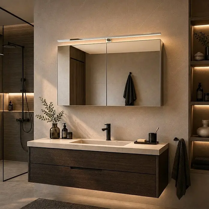 kalb LED Spiegelleuchte Running Light 100cm 3000K Chrom Lichtlauf -  - Modernes Badezimmer mit dunklem Holzwaschtisch, heller Arbeitsplatte, integriertem Waschbecken und Spiegelschrank mit Beleuchtung.