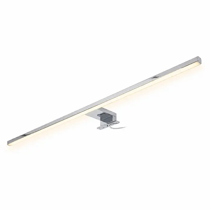 kalb LED Spiegelleuchte Running Light 100cm 3000K Chrom Lichtlauf -  - Schlanke, verchromte LED-Linearleuchte mit warmweißem Licht, zentraler Halterung und Stromkabel.