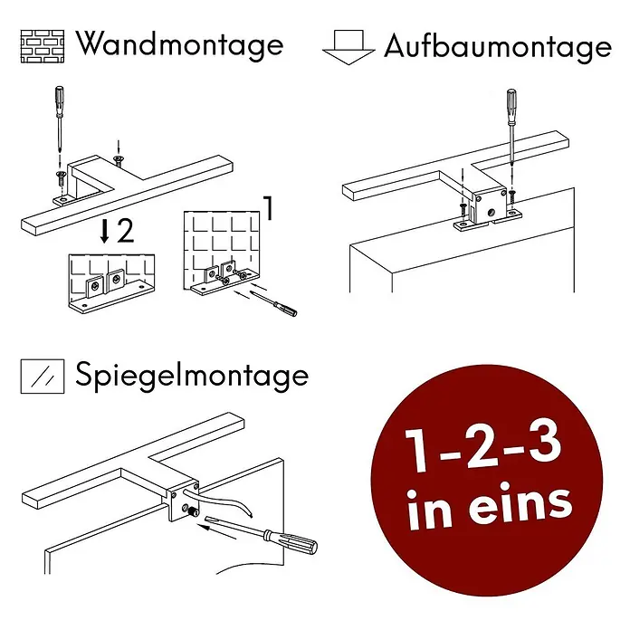 kalb LED Spiegelleuchte 30cm 3000K Chrom Tropfenform -  - T-förmige Leuchte mit drei Montageoptionen: Wand-, Aufbau- und Spiegelmontage, inkl. Halterungen und Schrauben.