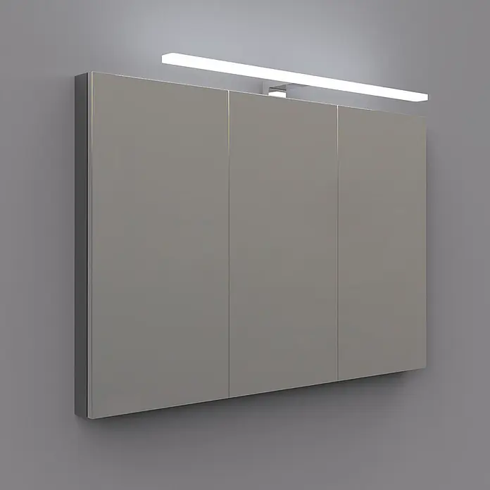 kalb LED Spiegelleuchte Mera 30cm 4000K Chrom -  - Grauer dreitüriger Spiegelschrank mit integrierter LED-Lichtleiste darüber.
