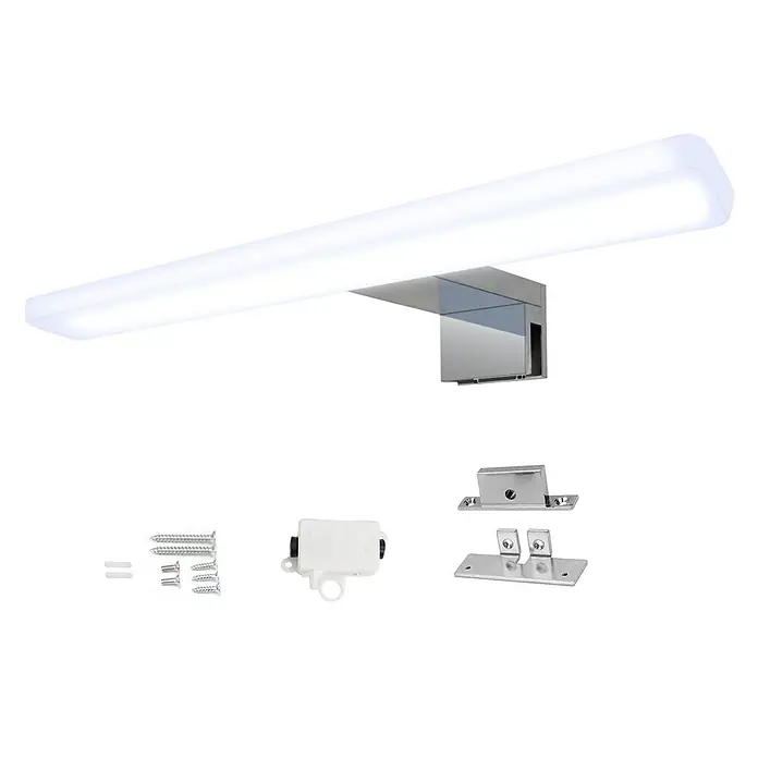 kalb LED Spiegelleuchte Mera 30cm 4000K Chrom -  - Weißes lineares LED-Spiegellicht mit Chromfuß, gezeigt mit Befestigungsschrauben und Halterungen.