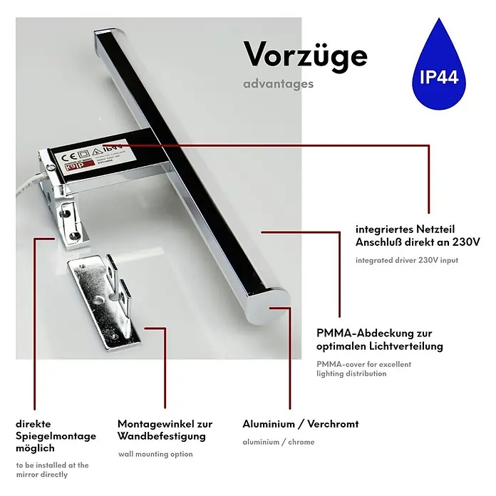 kalb LED Spiegelleuchte 30cm 3000K Chrom Tropfenform -  - Verchromte LED-Spiegelleuchte mit PMMA-Abdeckung, zeigt Spiegel- und Wandmontageoptionen. IP44-zertifiziert.