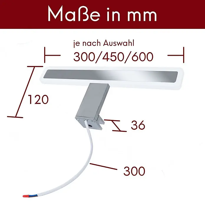kalb LED Spiegelleuchte Mera 30cm 4000K Chrom -  - Rechteckige silberne LED-Leuchtleiste mit Maßangaben für verschiedene Längenoptionen und Kabellänge.
