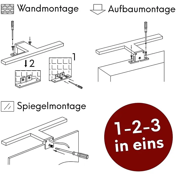 kalb LED Spiegelleuchte Mera 30cm 4000K Chrom -  - Anleitung für drei Montagearten: Wandmontage, Aufbaumontage und Spiegelmontage für ein vielseitiges Halterungssystem.