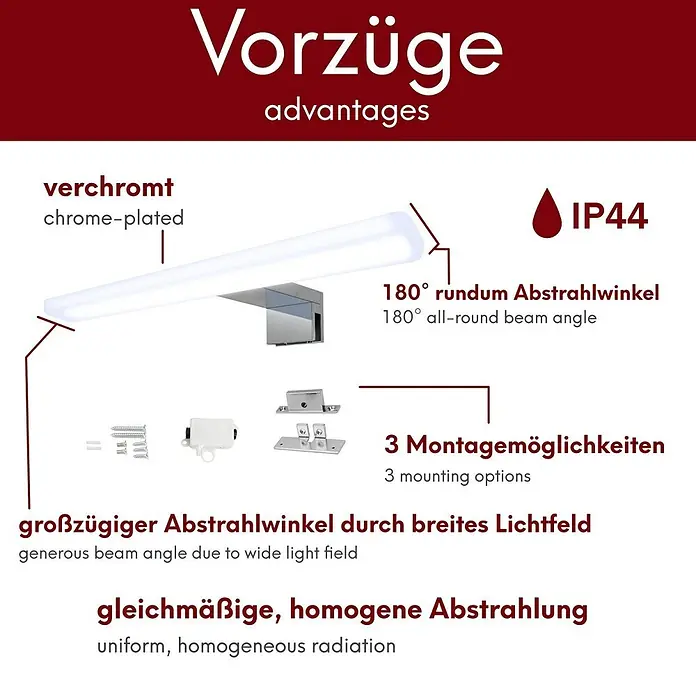 kalb LED Spiegelleuchte Mera 30cm 4000K Chrom -  - Verchromte, rechteckige Leuchte mit IP44, 180-Grad-Abstrahlwinkel und drei Befestigungsoptionen.