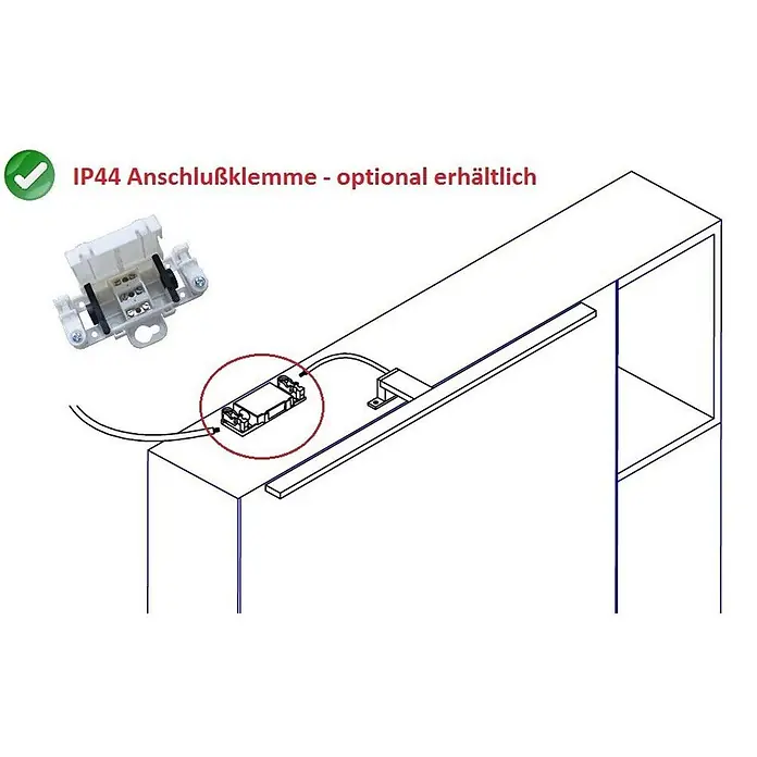 kalb LED Spiegelleuchte WhiteWave 60cm 4000K Chrom -  - Weiße IP44-Anschlussklemme, optional erhältlich, in einer Installationsskizze mit Verkabelung.