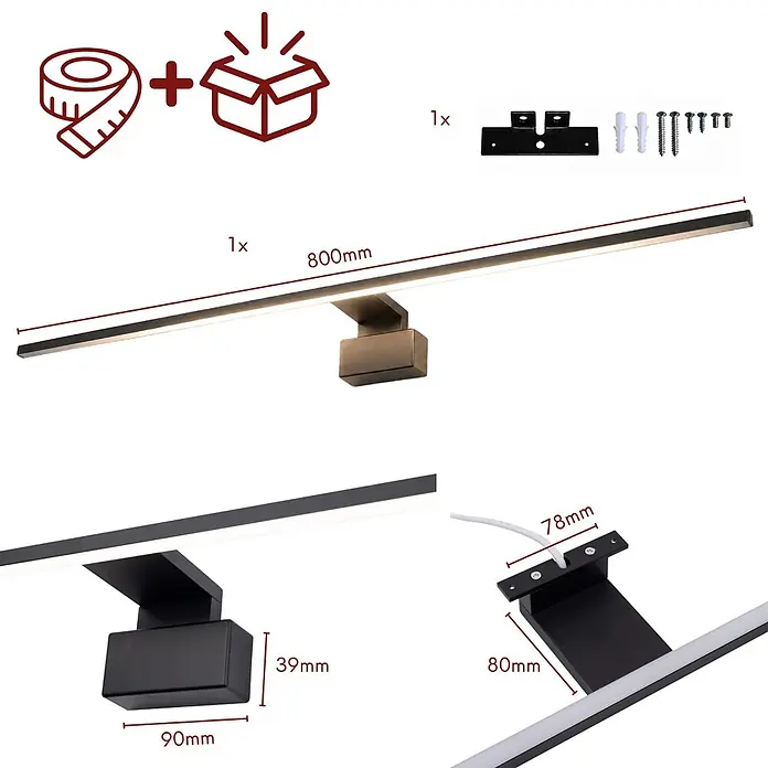 kalb Material für Möbel LED-Spiegelleuchte Feuchtraum/Badezimmer - 12 W, L x B x H: 80 x 10,5 x 3,6 cm, Schwarz - Eine lange, schwarze lineare LED-Wandleuchte, 800mm lang, mit Montagezubehör und detaillierten Basismaßen.