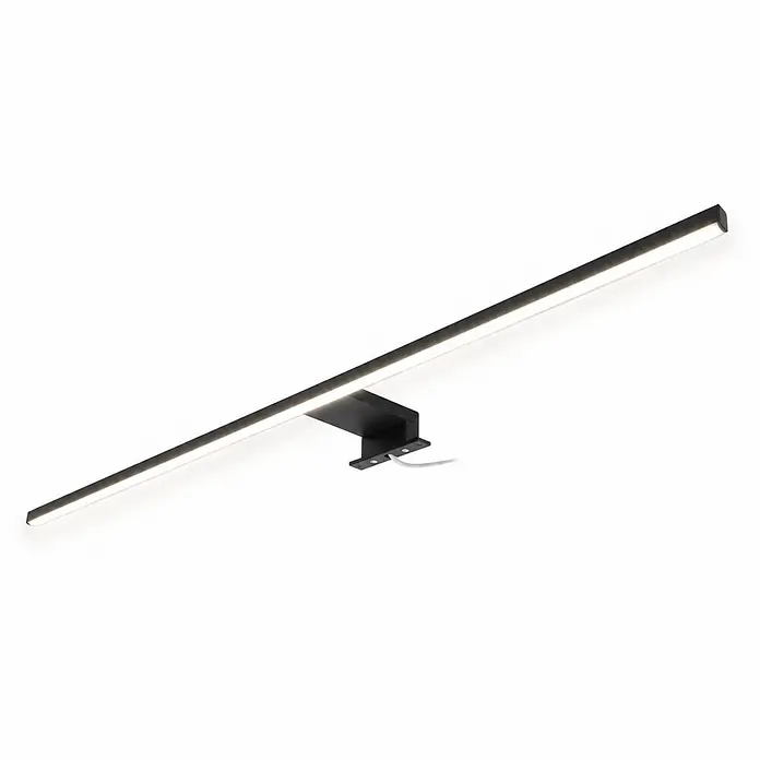 kalb Material für Möbel LED-Spiegelleuchte Feuchtraum/Badezimmer - 12 W, L x B x H: 80 x 10,5 x 3,6 cm, Schwarz - Schwarze lineare LED-Lichtleiste, beleuchtet, mit Montagehalterung und weißem Kabel.