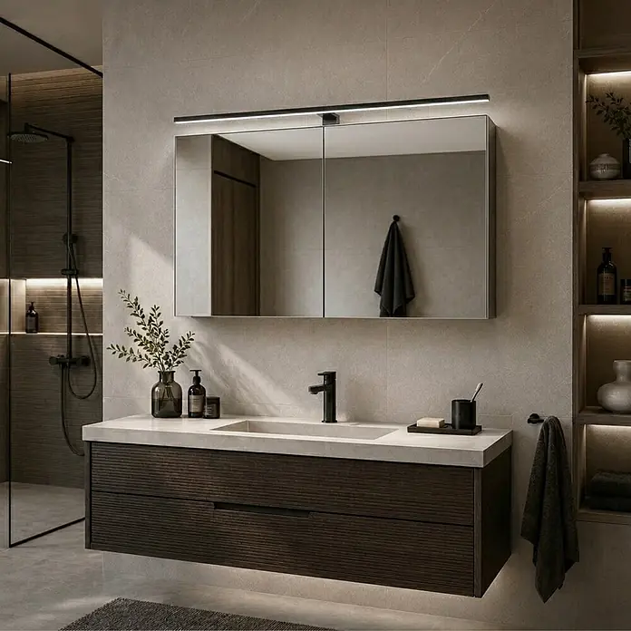 kalb Material für Möbel LED-Spiegelleuchte Feuchtraum/Badezimmer - 12 W, L x B x H: 80 x 10,5 x 3,6 cm, Schwarz - Moderner Badunterschrank mit dunklen Holzschubladen und integriertem hellgrauen Waschbecken, dazu Spiegelschrank mit linearer LED-Leiste in modernem Bad.