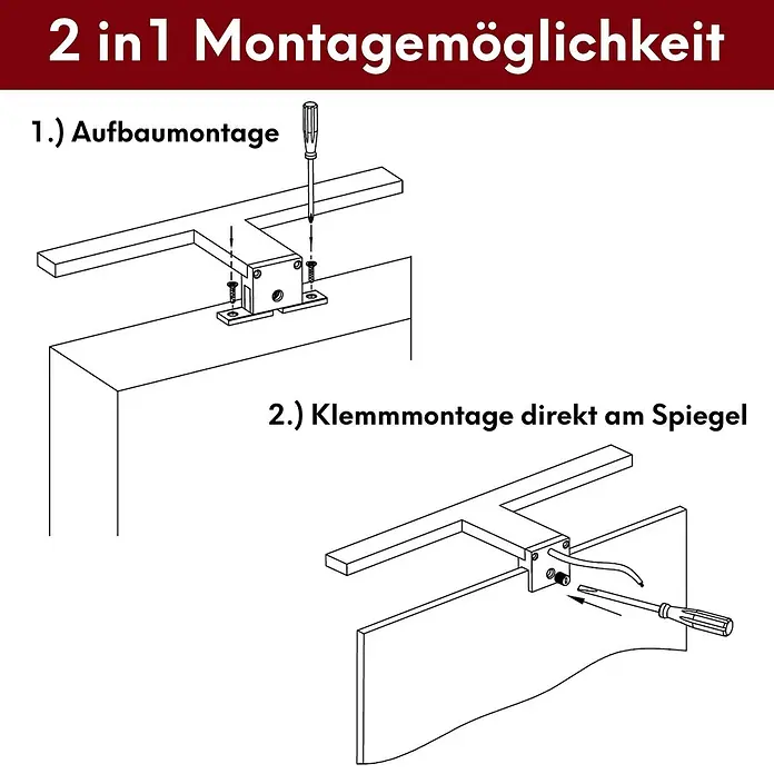 kalb LED Spiegelleuchte 60,3cm 3000K Chrom -  - Zwei Montagemöglichkeiten für eine Leuchte werden dargestellt: Aufbau- und Klemmmontage.
