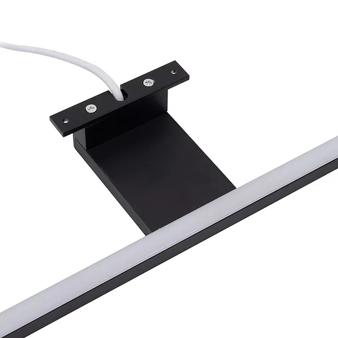 kalb Material für Möbel LED-Spiegelleuchte Feuchtraum/Badezimmer - 12 W, L x B x H: 80 x 10,5 x 3,6 cm, Schwarz - Schwarze LED-Lichtleiste mit weißem Diffusor, an einer Halterung mit weißem Stromkabel befestigt.