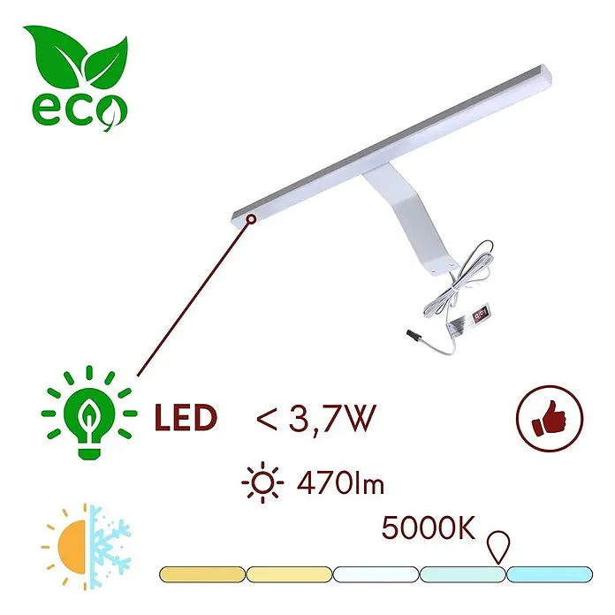 kalb Material für Möbel LED-Spiegelleuchte Innen - 3,7 W, L x B x H: 34 x 18,5 x 4 cm, Silbergrau - Weiße LED-Lichtleiste mit umweltfreundlichen Eigenschaften: <3,7W, 470lm Helligkeit, 5000K kaltweißes Licht.