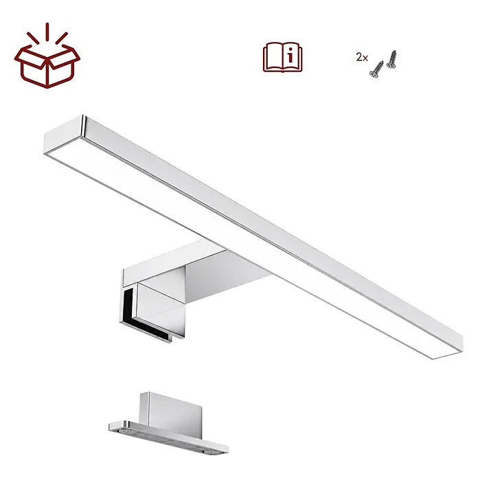 kalb Material für Möbel LED-Spiegelleuchte Feuchtraum/Badezimmer - 7 W, L x B x H: 40 x 10 x 3,6 cm, Chrom - Verchromte LED-Spiegelleuchte mit Montagearm, Anleitung und 2 Schrauben.
