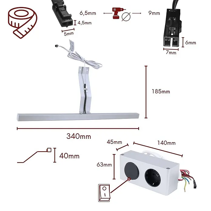 kalb Material für Möbel LED-Spiegelleuchte Innen - 3,7 W, L x B x H: 34 x 18,5 x 4 cm, Silbergrau - Silberne LED Spiegelleuchte (340mm) und Steckdosenmodul (140mm) mit 2 Buchsen und Schalter.