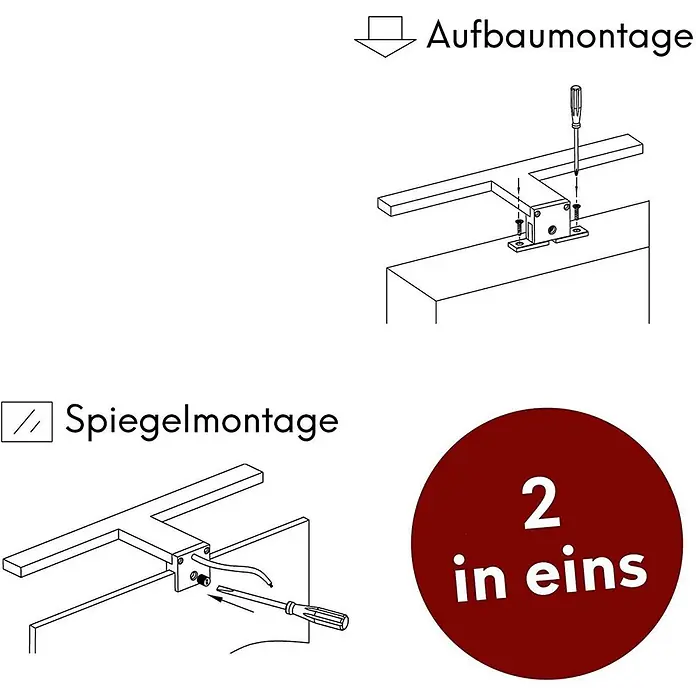 kalb Material für Möbel LED-Spiegelleuchte Feuchtraum/Badezimmer - 7 W, L x B x H: 40 x 10 x 3,6 cm, Chrom - Installationsanleitung für T-förmige Halterung, zeigt Aufbau- und Spiegelmontage. „2 in eins“-Funktion.