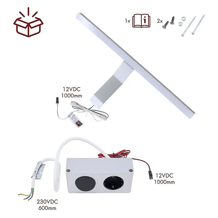 kalb Material für Möbel LED-Spiegelleuchte Innen - 3,7 W, L x B x H: 34 x 18,5 x 4 cm, Silbergrau - Silberfarbene LED-Lichtleiste mit Halterung und rechteckiger Steckdoseneinheit mit 230V und 12V Anschlüssen. Inkl. Anleitung und Schrauben.