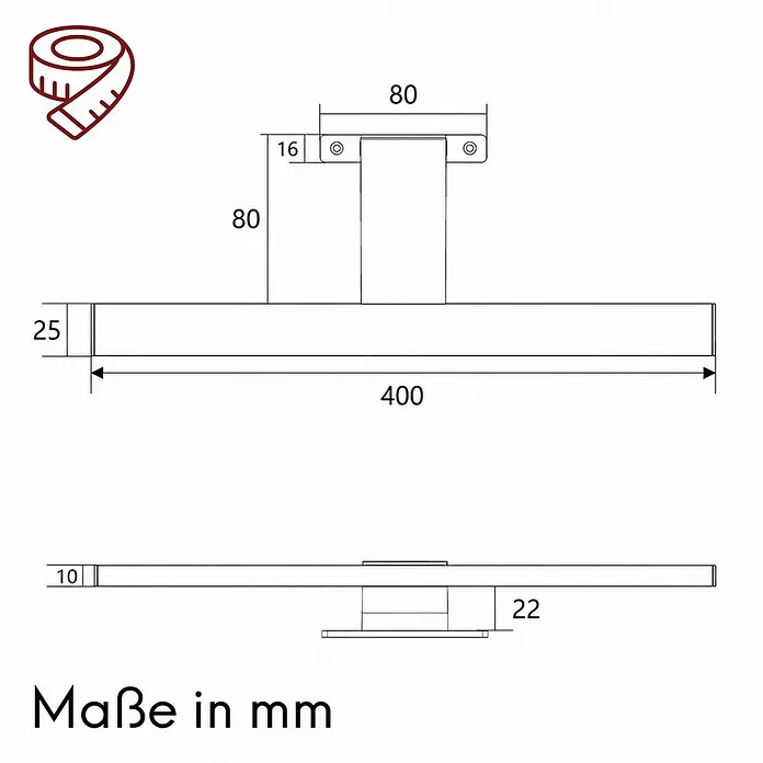 kalb Material für Möbel LED-Spiegelleuchte Feuchtraum/Badezimmer - 7 W, L x B x H: 40 x 10 x 3,6 cm, Chrom - Technische Zeichnung einer 400mm langen linearen Leuchte mit zentraler Halterung, Maße in mm.