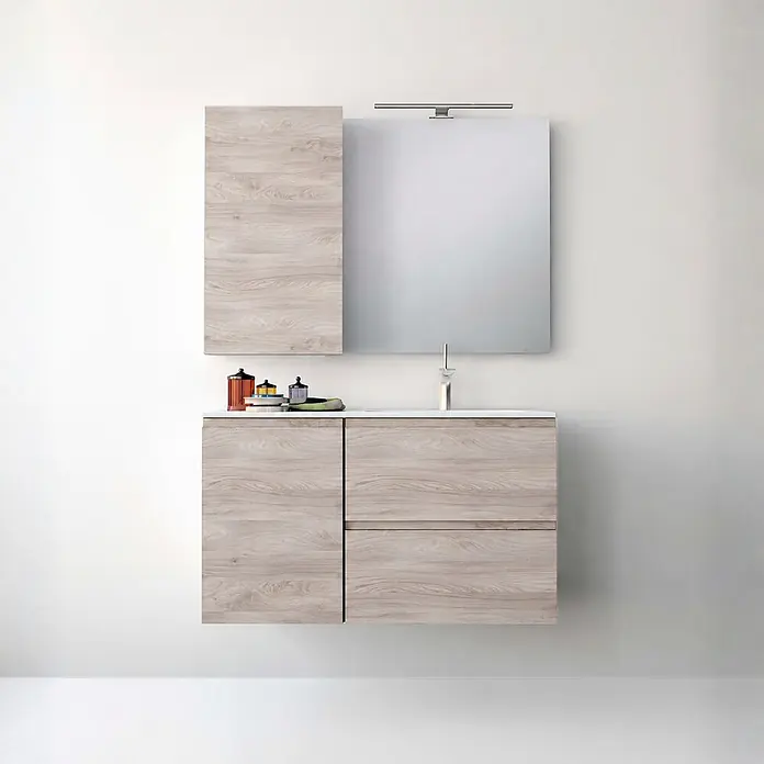 kalb Material für Möbel LED-Spiegelleuchte Feuchtraum/Badezimmer - 7 W, L x B x H: 40 x 10 x 3,6 cm, Chrom - Wandhängendes Badezimmerset in heller Holzoptik mit integriertem Waschbecken, Spiegel und Hochschrank.