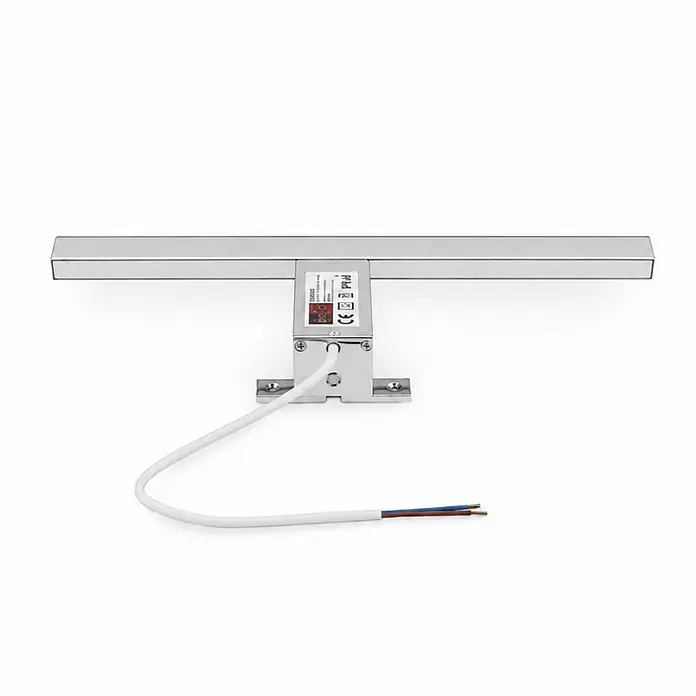 kalb Material für Möbel LED-Spiegelleuchte Feuchtraum/Badezimmer - 7 W, L x B x H: 40 x 10 x 3,6 cm, Chrom - Silberne rechteckige LED-Leuchte mit zentraler Halterung und weißem Elektrokabel.