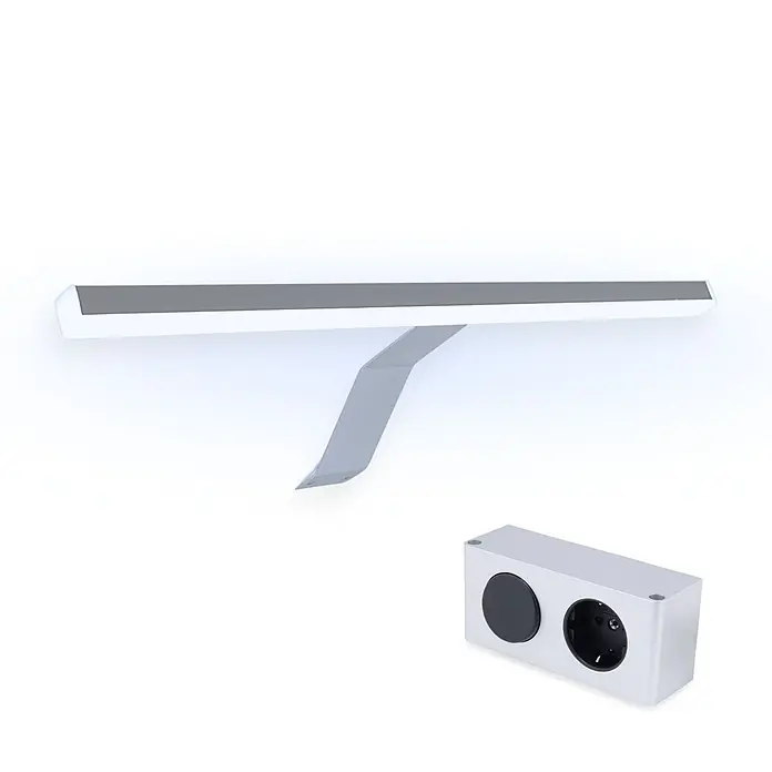 kalb Material für Möbel LED-Spiegelleuchte Innen - 3,7 W, L x B x H: 34 x 18,5 x 4 cm, Silbergrau - Silberne lineare LED-Leuchte mit Halterung und separater silberner Steckdosenleiste mit einer Steckdose und einem abgedeckten Port.