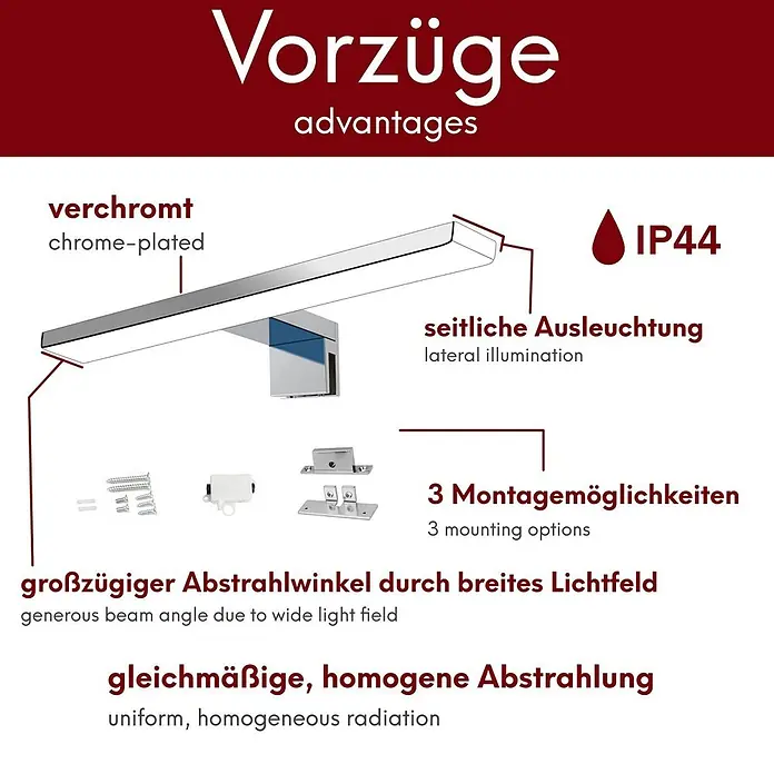 kalb LED Spiegelleuchte Aurinko 30cm 4000K Chrom -  - Verchromte lineare Leuchte mit IP44 Schutzart, bietet seitliche Beleuchtung und mehrere Montagemöglichkeiten.