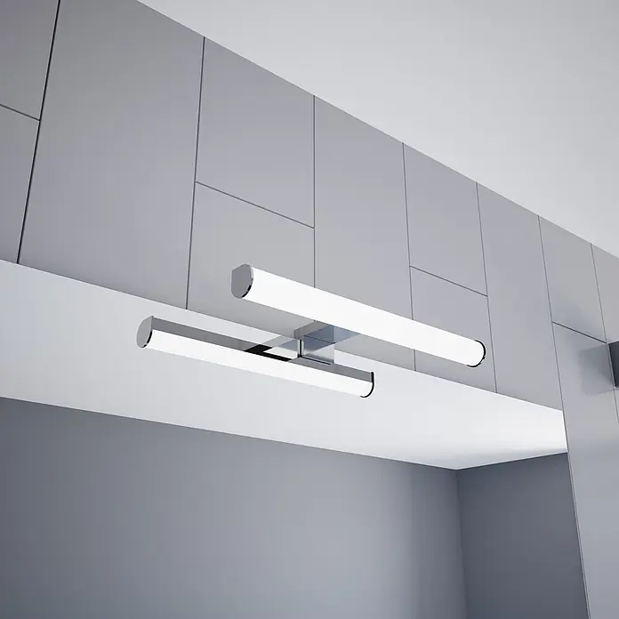 kalb LED Spiegelleuchte 30cm 3000K Chrom Tropfenform -  - Moderne lineare Waschtischleuchte aus Chrom und Weiß mit zwei beleuchteten Balken.