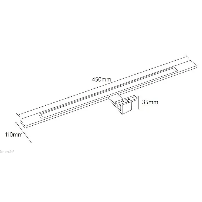 kalb Material für Möbel LED-Spiegelleuchte Innen - 9,6 W, L x B x H: 45 x 3,5 x 11 cm, Chrom - Technische Zeichnung eines linearen Duschabflusses, 450mm lang und 110mm breit, mit einer 35mm hohen Halterung.