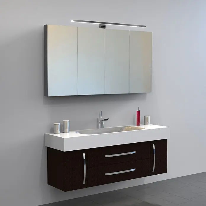 kalb LED Spiegelleuchte Aurinko 30cm 4000K Chrom -  - Moderne schwebende Badmöbel mit dunklem Holzschrank, integriertem weißen Waschbecken, Chromarmatur und Spiegelschrank mit LED-Licht.
