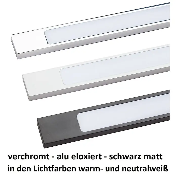 kalb Material für Möbel LED-Spiegelleuchte Innen - 9,6 W, L x B x H: 45 x 3,5 x 11 cm, Chrom - Drei lineare LED-Leuchten in Chrom, eloxiertem Alu und Mattschwarz, erhältlich in warm- und neutralweißem Licht.